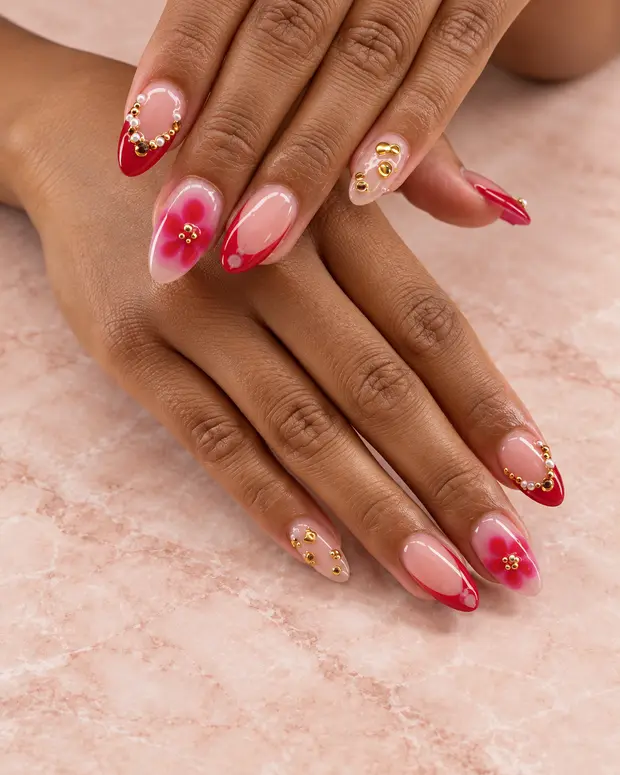 Red aura nails with gold accents