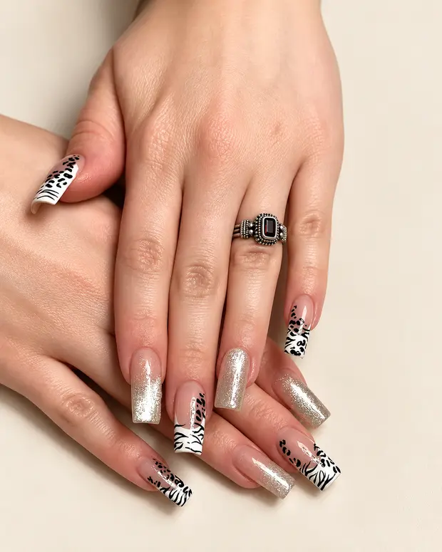 Zebra and silver glitter nail art